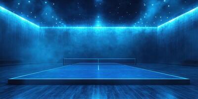 Modern blue-lit table tennis arena with atmospheric lighting and sleek design for competitive play photo