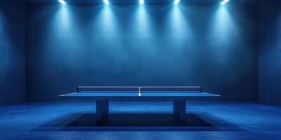 A well-lit indoor table tennis setup highlighting a minimalist and modern design in a blue-toned environment photo