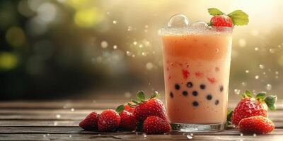 Refreshing fruit drink garnished with strawberries and mint on a wooden table in bright sunlight photo