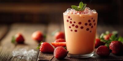 Delicious strawberry bubble tea garnished with mint on wooden table in evening light photo