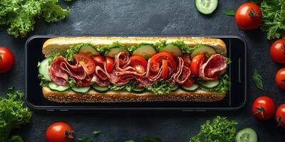 Creative sandwich presentation with fresh ingredients on a modern device at a casual dining setting photo