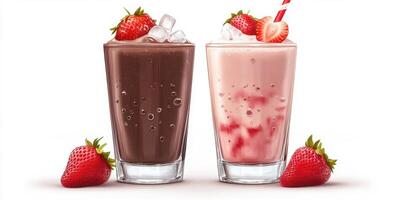 Two refreshing strawberry drinks served with fresh strawberries for a delightful summer treat photo