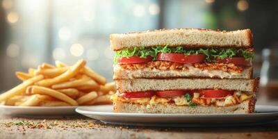 Delicious layered sandwich with fresh ingredients served alongside crispy fries in a cozy dining setting photo