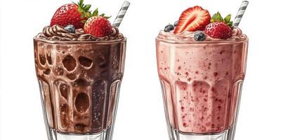Two decadent smoothies with fresh strawberries and blueberries served in clear glasses with striped straws photo