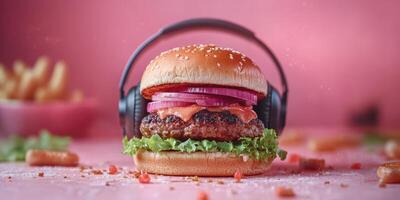 Burger with headphones and pink backdrop creates a fun and quirky food vibe in a modern setting photo