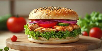 Delicious grilled chicken burger with fresh vegetables and sesame seed bun served on wooden board photo