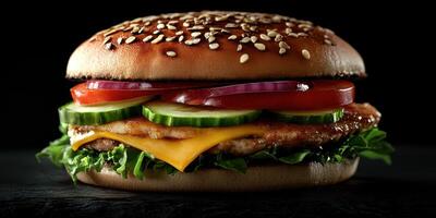 Delicious chicken burger with fresh vegetables and cheese on a dark background photo