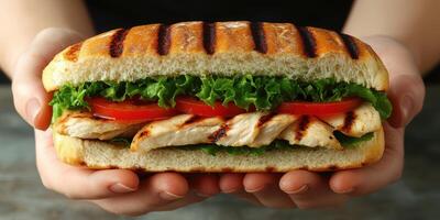 Grilled chicken sandwich with fresh lettuce and tomato held by hands, perfect for a savory lunch or snack photo