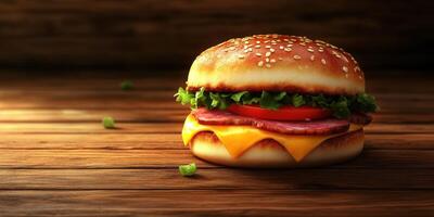 Delicious cheeseburger with fresh ingredients on a wooden surface in a cozy setting photo