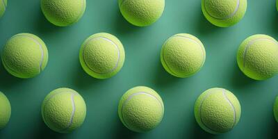 Multiple green tennis balls arranged neatly on a vibrant surface create a visually striking pattern for a sports-themed display photo