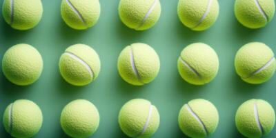 Round yellow tennis balls arranged in a grid pattern on a green background create a vibrant display of sports equipment photo