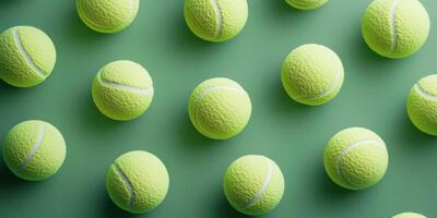 Collection of yellow tennis balls arranged on a green surface in a neat pattern during daylight photo