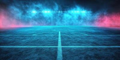 Illuminated soccer field with vibrant lighting effects during a night match in a stadium photo