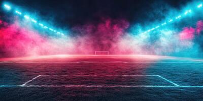 Dramatic soccer field illuminated by colorful lights and fog under the night sky photo