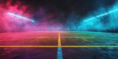 Colorful soccer field illuminated by dramatic lights in a vibrant atmosphere during a nighttime game photo