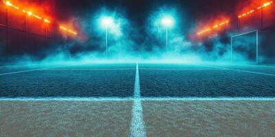 Misty soccer field illuminated by bright lights during a nighttime match in an urban setting photo