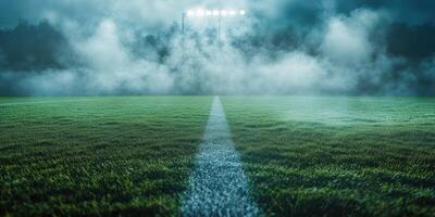 Foggy night on a football field with bright floodlights illuminating the grass and creating a mystical atmosphere photo