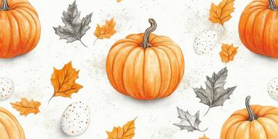 Decorative autumn pattern featuring pumpkins, leaves, and speckled eggs against a light background photo