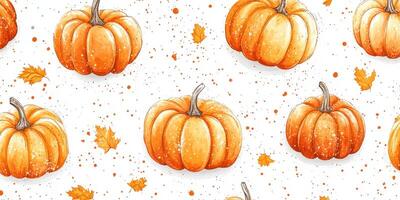 Decorative pattern featuring orange pumpkins and autumn leaves on a white background during the fall season photo