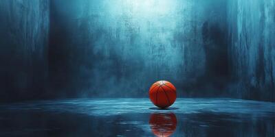 Basketball resting on a wet court in a dimly lit, atmospheric arena photo