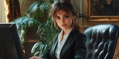 Businesswoman working at an elegant office desk with a computer in a sophisticated environment photo
