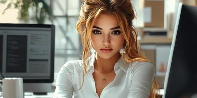 Young professional woman in a modern office setting with a confident expression and long hair photo