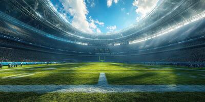 Majestic stadium filled with enthusiastic fans during a sunny football game in the afternoon photo