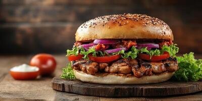 Delicious grilled chicken sandwich with fresh vegetables and sauce on a wooden board photo