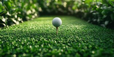 Golf ball on tee in lush green grass during a sunny afternoon at a well-maintained golf course photo