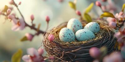 Nest with speckled eggs under blooming branches captured during springtime, symbolizing renewal and nature's beauty photo
