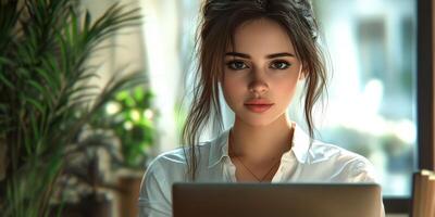 Young woman focused on work in a cozy cafe, surrounded by plants during the afternoon photo