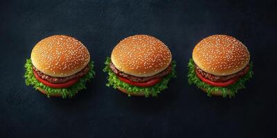 Freshly made burgers showcasing layers of lettuce, tomato, and beef patties arranged on a dark background photo