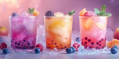 Colorful bubble tea drinks served in glasses with ice and fresh fruit in a vibrant setting photo