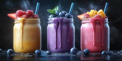 Three colorful smoothie jars with fresh fruit and splashes in a dark setting create an enticing display of refreshing beverages photo