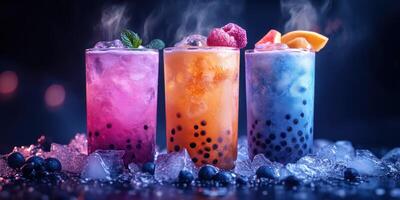 Colorful bubble tea drinks on ice with fruits and mint creating a refreshing summer vibe photo