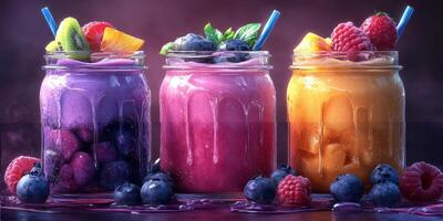 Brightly colored fruit smoothies in jars display vibrant ingredients and flavors for a refreshing summer treat photo
