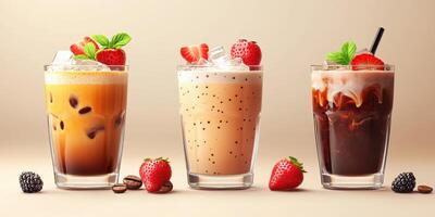 Delicious iced coffee drinks with strawberries and mint on a neutral background during the afternoon photo