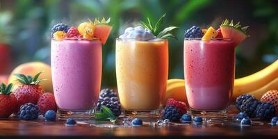 Colorful fruit smoothies prepared with fresh ingredients in a cozy kitchen setting photo