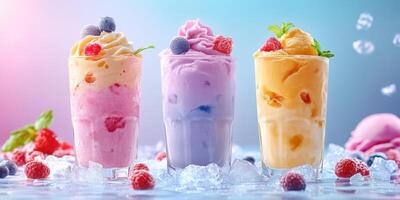 Delicious and refreshing icy desserts featuring vibrant colors and fresh fruit served in clear cups photo