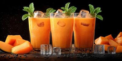 Fresh cantaloupe juice served in tall glasses with mint leaves and ice cubes in a dark setting photo
