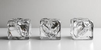 Clear ice cubes placed on a smooth surface highlighting their texture and shape in natural lighting photo