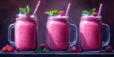 Refreshing raspberry smoothies served in mason jars with mint leaves on a dark surface photo