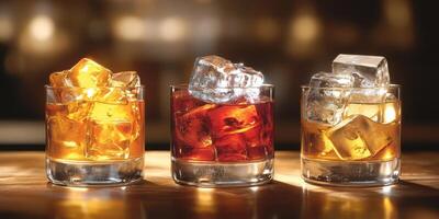 Various colorful cocktails with ice cubes in glasses set against a blurred bar background during evening hours photo