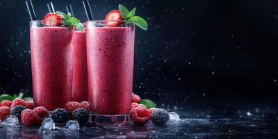 Refreshing berry smoothie served in tall glasses with mint garnish on a dark background photo