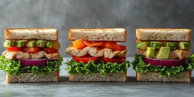 Delicious sandwich trio featuring fresh vegetables and chicken in a casual dining setting photo