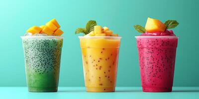 Colorful tropical fruit smoothies displayed on a bright background during a summer afternoon photo