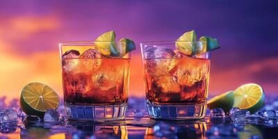Refreshing cocktails with lime and ice at sunset over a shimmering surface photo