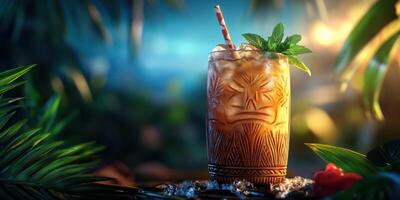 Exotic cocktail garnished with mint and a colorful straw on a tropical backdrop in a lush setting photo
