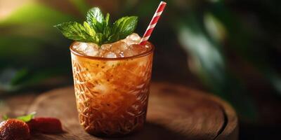 Refreshing mint cocktail served in a textured glass with a striped straw and mint garnish at sunset photo