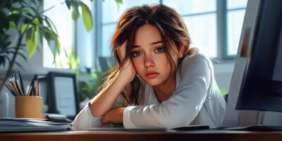 Young woman resting her head on her hand while looking thoughtfully in a bright office space during daytime photo